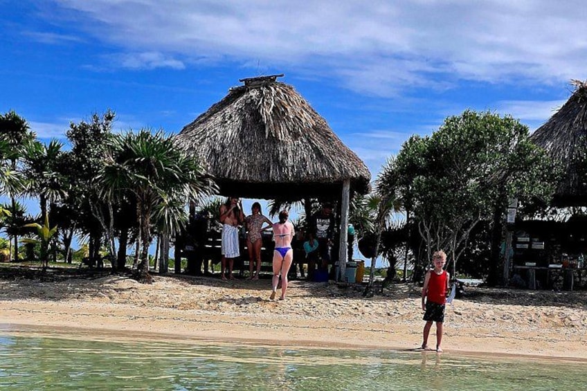 A beach with thatched-roof huts, palm trees, and people in swimwear. 1