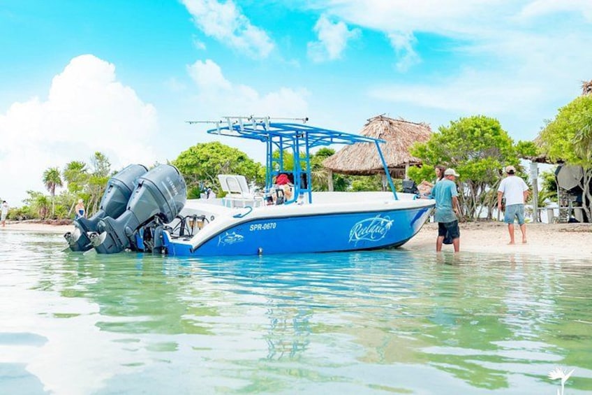 A blue boat with a motor on the water, a person standing on the shore, and a thatched-roof structure in the background. 4