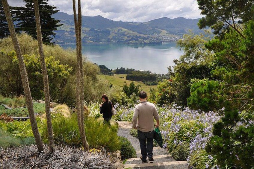 A pathway leading to a lake with mountains in the background. 2
