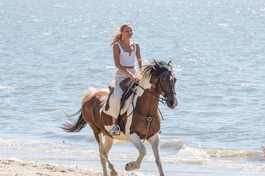 A person riding a horse on a beach with water in the background. 2