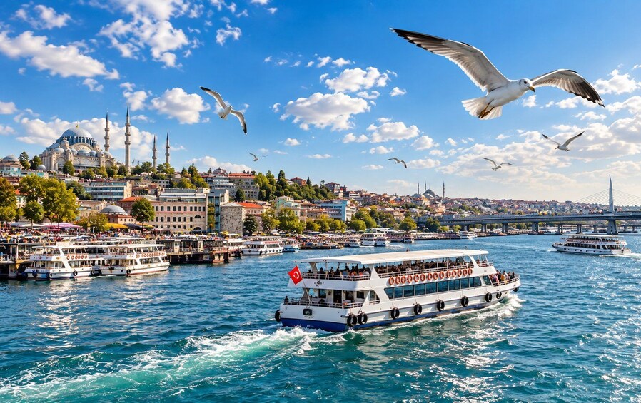A bustling waterfront with a large ferry, a historic mosque, and a bridge in the background. 2
