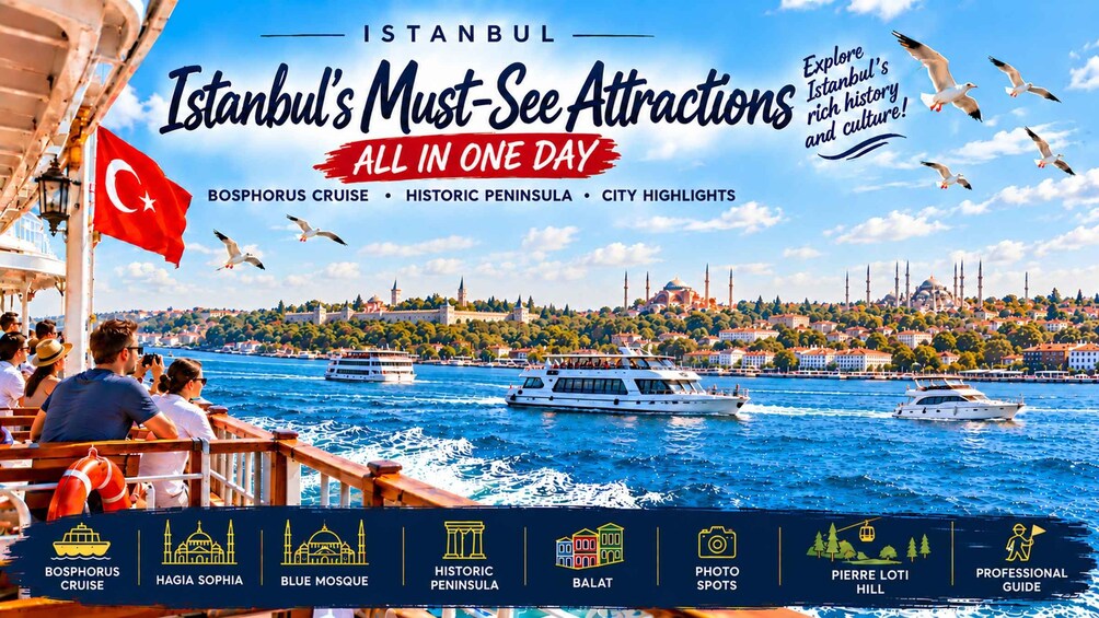 A Bosphorus cruise with views of Istanbul's skyline, historic peninsula, and city highlights. 1