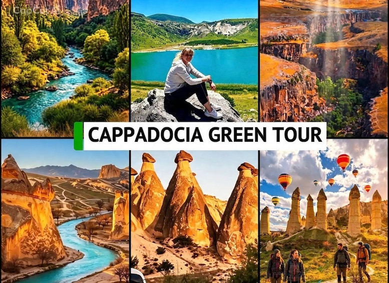 A collage of Cappadocia's landscapes including a river, green hills, a person sitting by a lake, a canyon, rock formations, and hot air balloons. 1