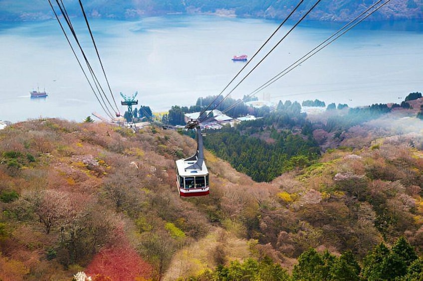 A cable car moving along a cable over a hilly landscape with a body of water and a distant ship in the background. 3