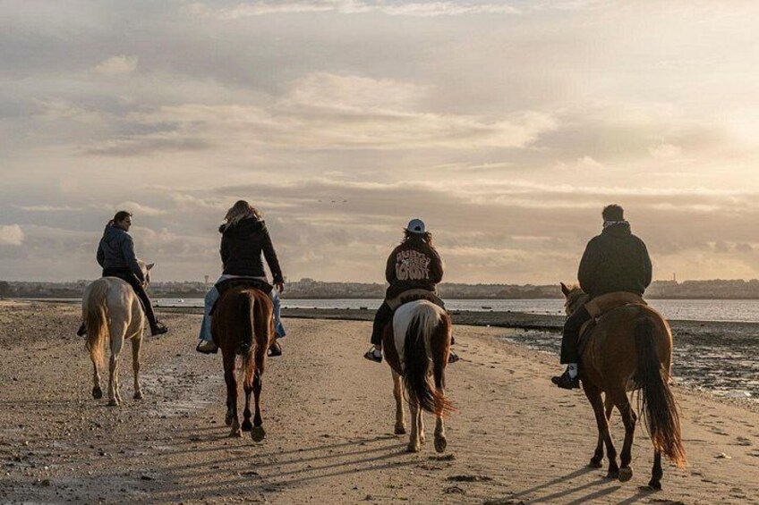 Fire personer rider på heste på en strand under en overskyet himmel. 5