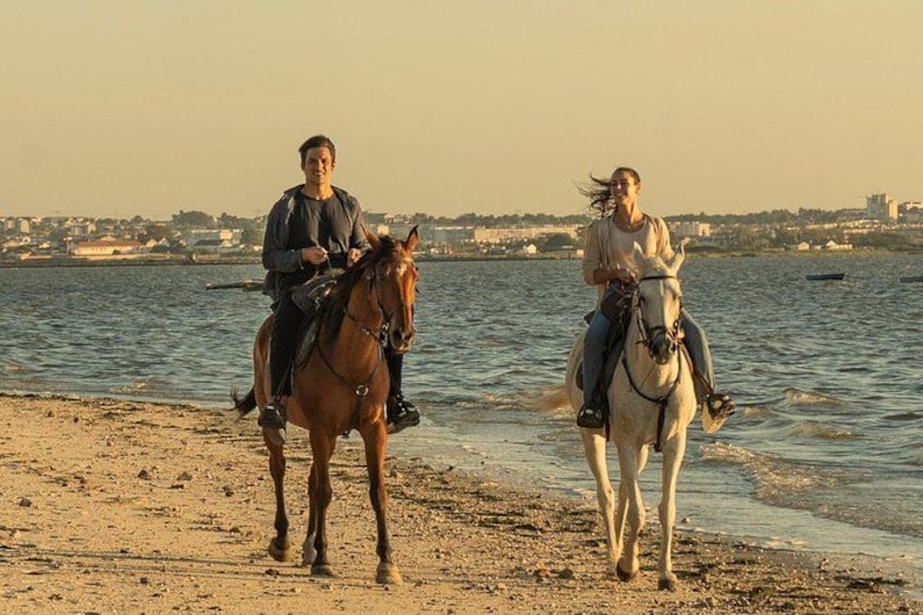 To personer rider på heste langs en strand med vand og bygninger i baggrunden. 2