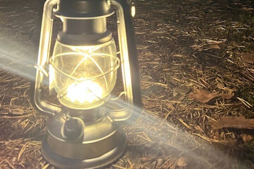 A lantern emitting light on the ground. 4