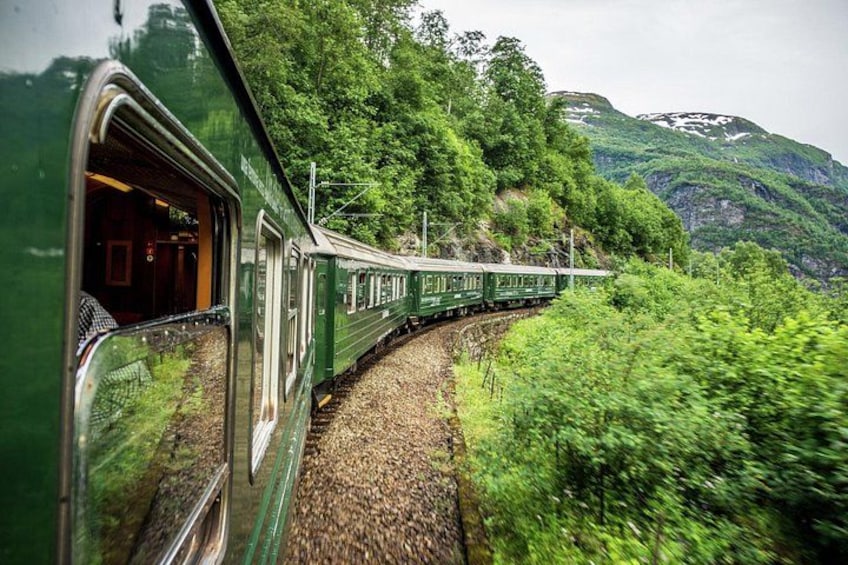 Ett grönt tåg på rälsen, omgivet av frodig grönska och berg. 3
