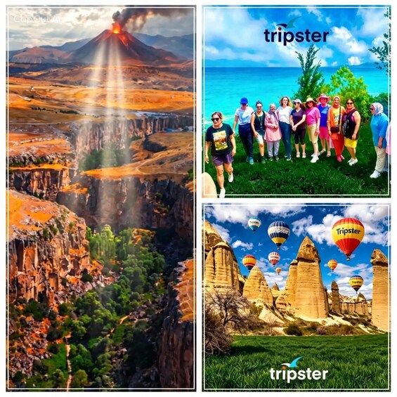A volcanic landscape with a lava flow, a group of people on a beach, and hot air balloons. 1