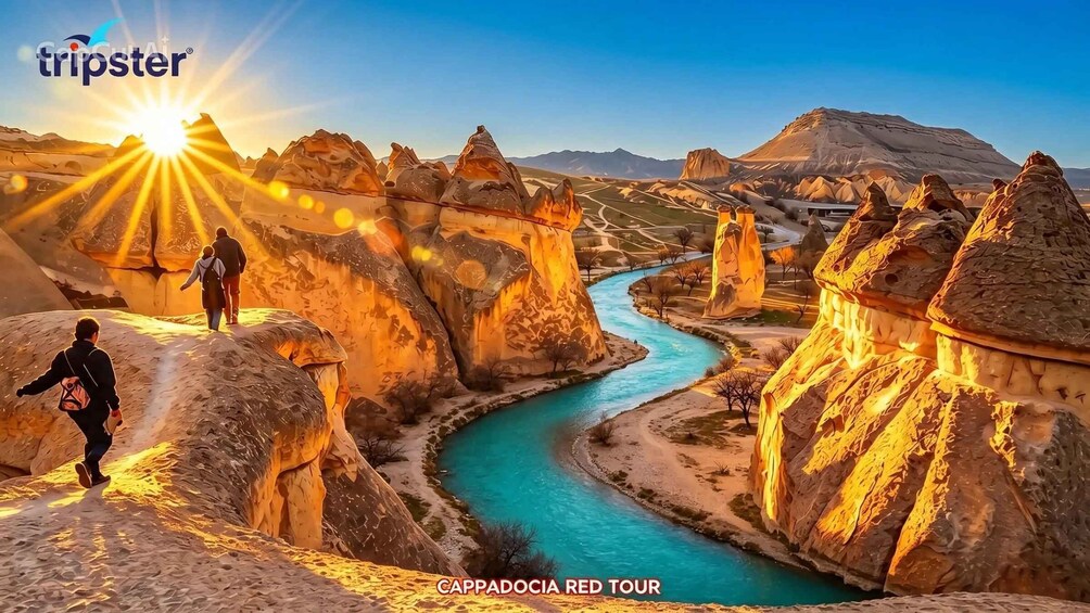 A canyon with a river, people hiking, and a sunset. 2
