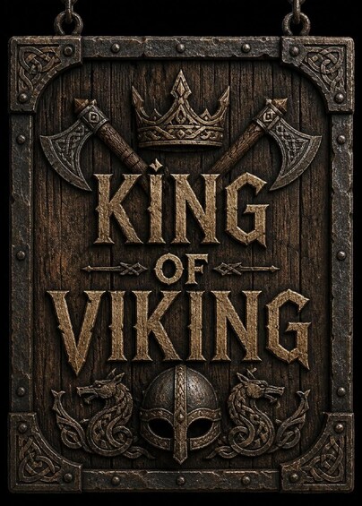 A wooden sign with 'KING OF VIKING' engraved, flanked by two Viking helmets and crossed axes. 4