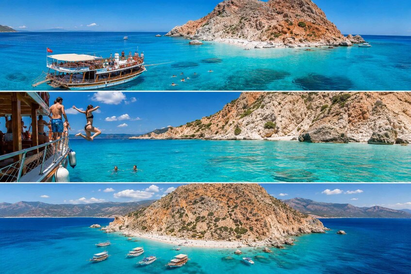 Un bateau avec des personnes à bord, sur une île rocheuse entourée d’eaux d’un bleu cristallin. 1