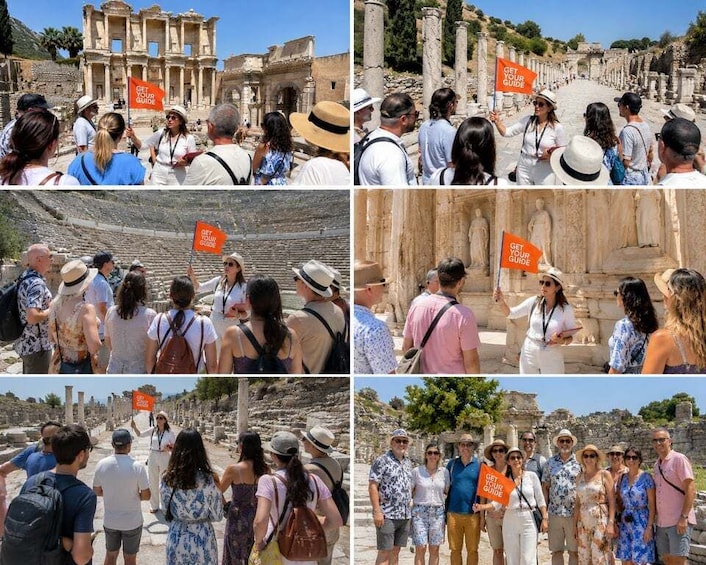 Des touristes visitent des ruines antiques, des panneaux explicatifs les guident. 1
