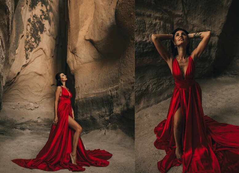 A person in a red dress posing in a rocky environment. 4