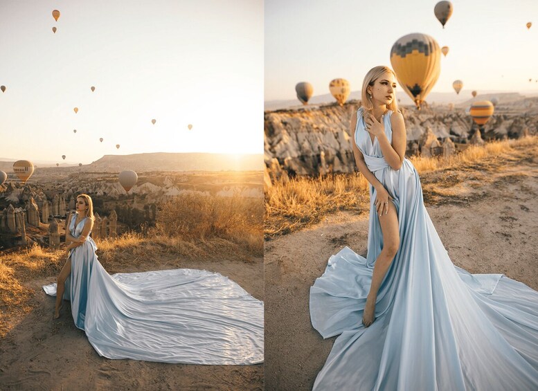 A person in a flowing dress sitting on the ground with a backdrop of a desert landscape and hot air balloons. 3