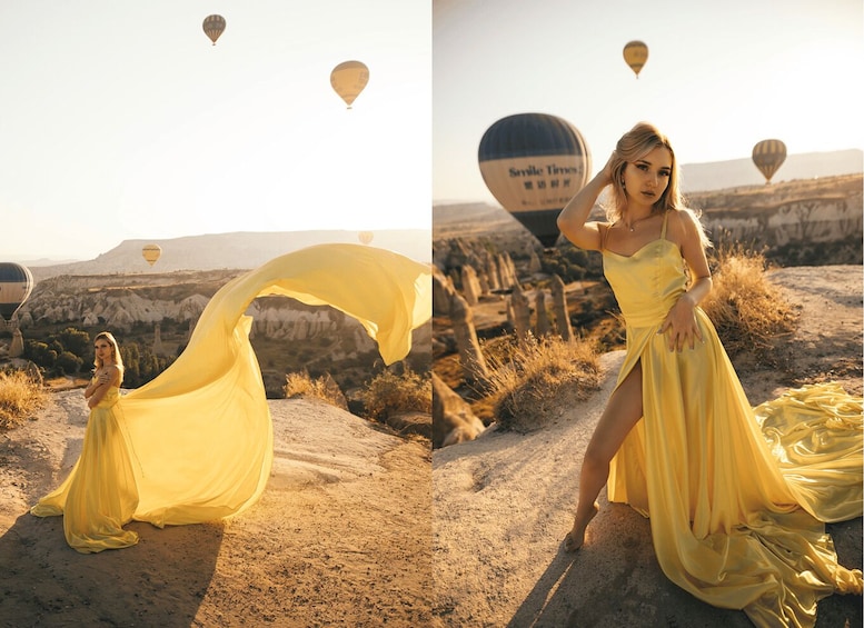 A person in a yellow dress with a flowing skirt in a desert landscape with hot air balloons in the background. 5