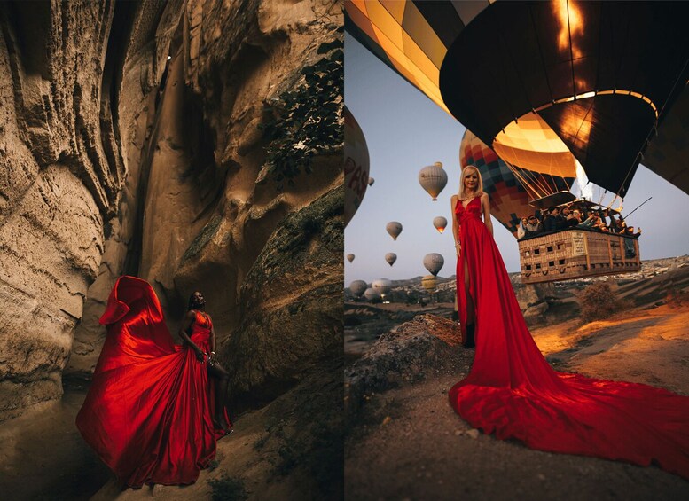 A woman in a red dress standing in a rocky area with a hot air balloon in the background. 5