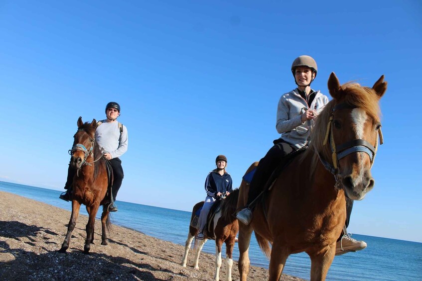Three people riding horses on a pebbled beach with the sea in the background. 3