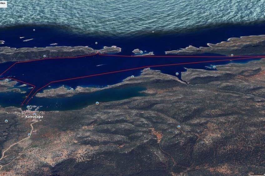 A satellite view of a coastal area with a red line indicating a route or boundary, and the name 'Kalevacagiz' visible. 4