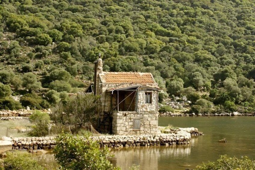 A stone house with a tiled roof by a calm lake, surrounded by dense green trees. 5