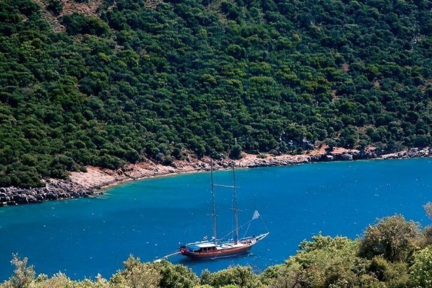 A sailboat anchored in a clear blue bay surrounded by dense green forest. 3