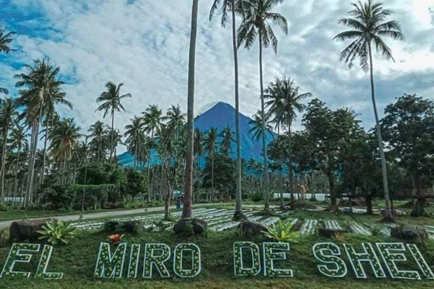 A tropical landscape with palm trees, a mountain, and the text 'EL MIRO DE SHEI'. 2