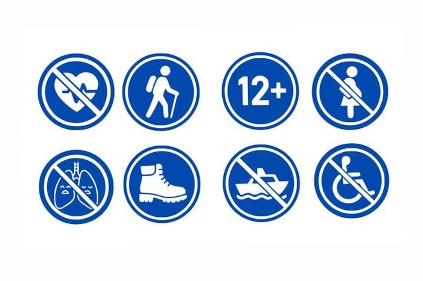 Eight circular signs with blue backgrounds and white symbols indicating various prohibitions. 3