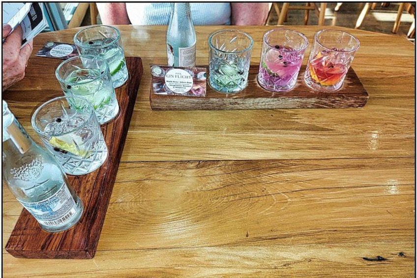 Un tavolo di legno con un vassoio che contiene diversi bicchieri di gin, una bottiglia di gin e un menu. 2