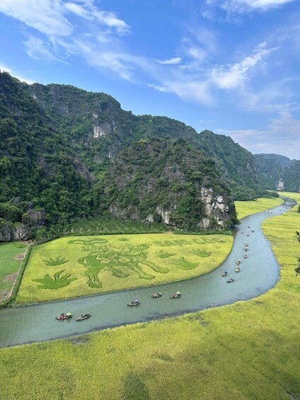 A river winding through lush green fields with boats and a mountainous backdrop. 3