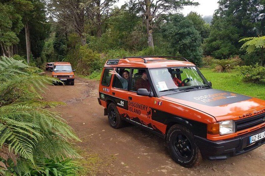 An orange Land Rover Discovery with 'DISCOVERY LAND' written on the side, parked on a dirt path surrounded by greenery. 2