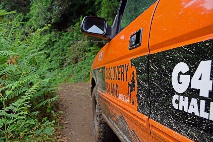 Ett orangefärgat fordon med texten ”G4 CHALLENGE” och ”DISCOVERY ISLAND” på sidan, parkerat på en grusväg omgiven av grönska. 3
