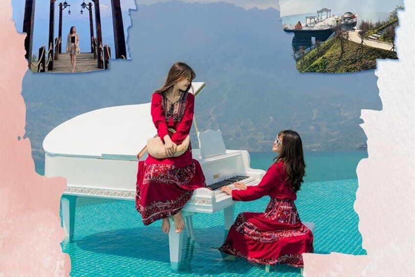 Deux femmes, vêtues de robes rouges, jouent d’un piano blanc au bord d’une piscine turquoise. 4