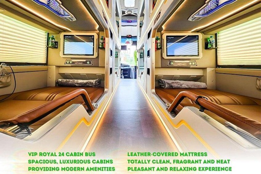 A VIP 24 cabin bus interior with leather-covered mattresses, spacious cabins, and modern amenities. 5
