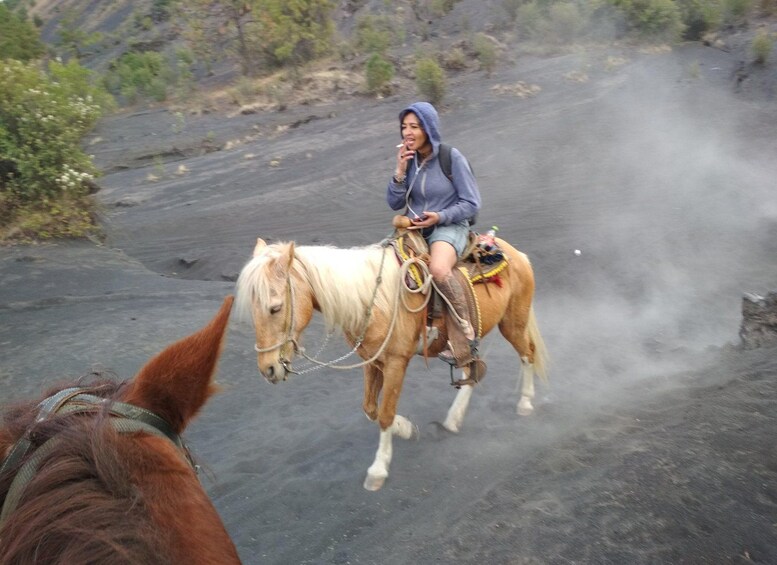 A person riding a horse on a volcanic landscape. 4