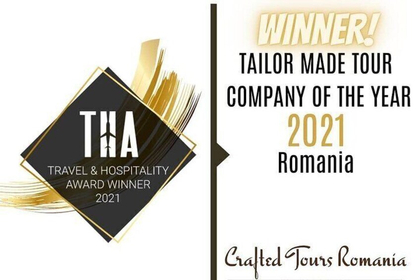 Ett prisdiplom tilldelas Tailor Made Tour, vinnare av THA Travel & Hospitality Award 2021 i Rumänien. 1