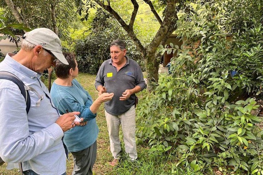 Three people standing outdoors, one holding a device, surrounded by greenery and trees. 2