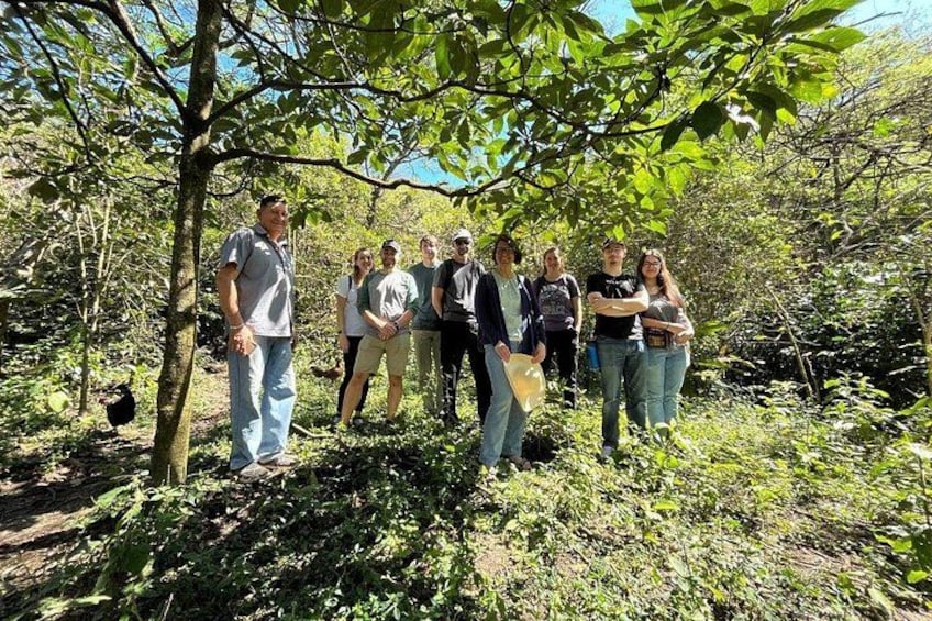 A group of people standing in a forested area with trees and underbrush. 1