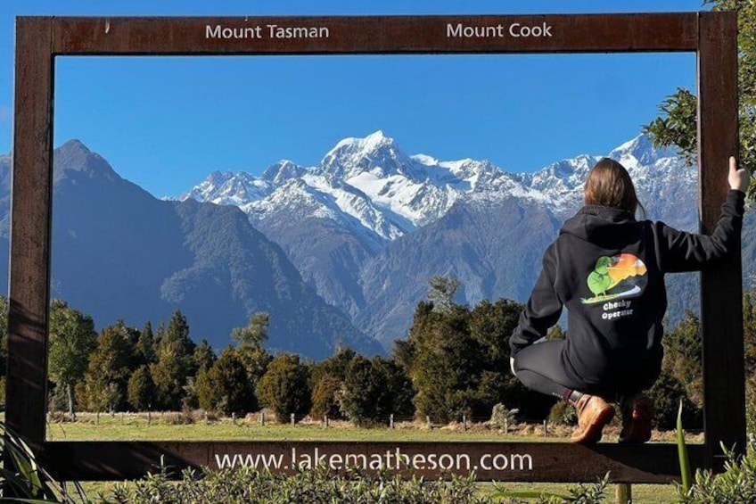 A person in a black hoodie with a dinosaur graphic, standing in front of a framed view of Mount Tasman and Mount Cook. 2