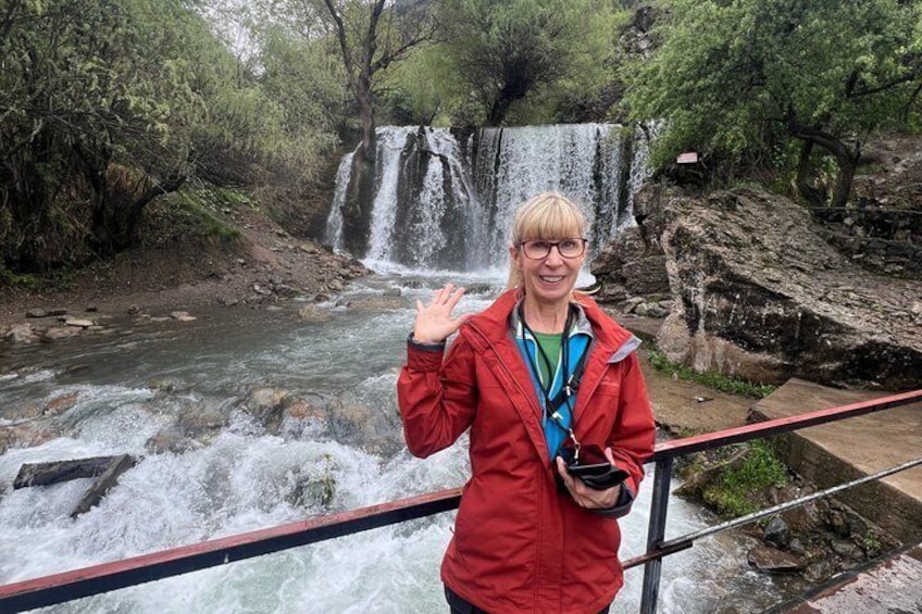 A person standing by a waterfall with a railing. 1
