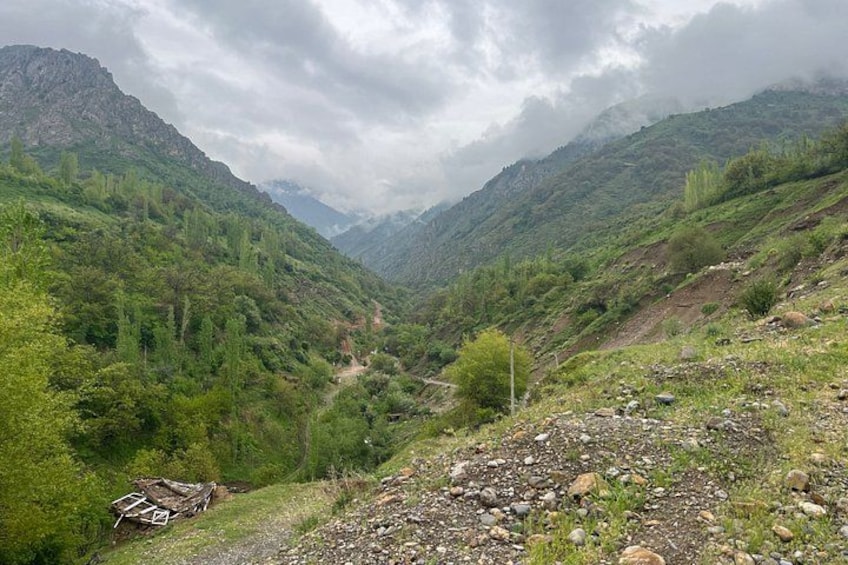 A mountainous valley with a dirt path, dense greenery, and rocky terrain. 4
