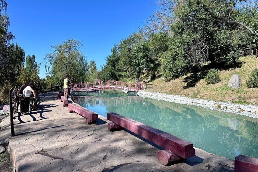 A clear pool with a wooden deck and benches, surrounded by trees and a stone wall. 5