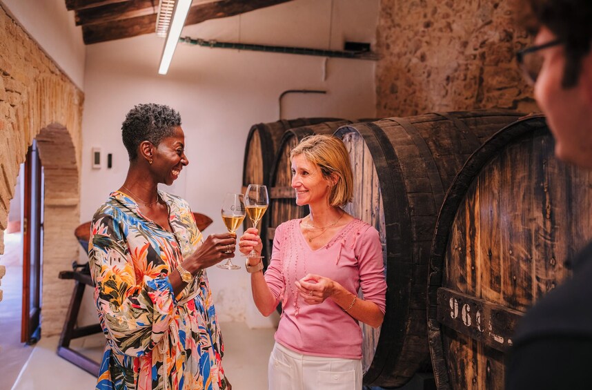 Two people toasting with wine glasses in a cellar with wooden barrels. 3