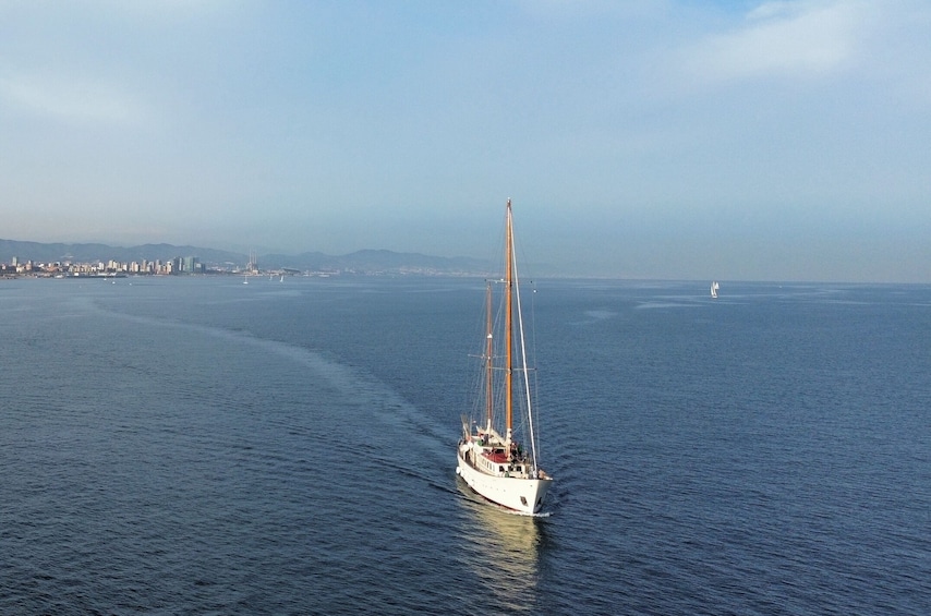 A sailboat on a calm sea with a city skyline in the background. 5