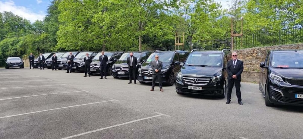 A group of men in suits standing in front of a row of black Mercedes-Benz cars in a parking lot. 1
