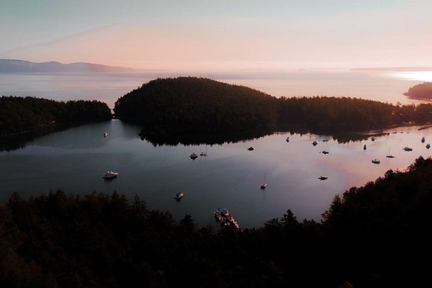 A calm lake surrounded by forested hills with several boats anchored in the water. 2