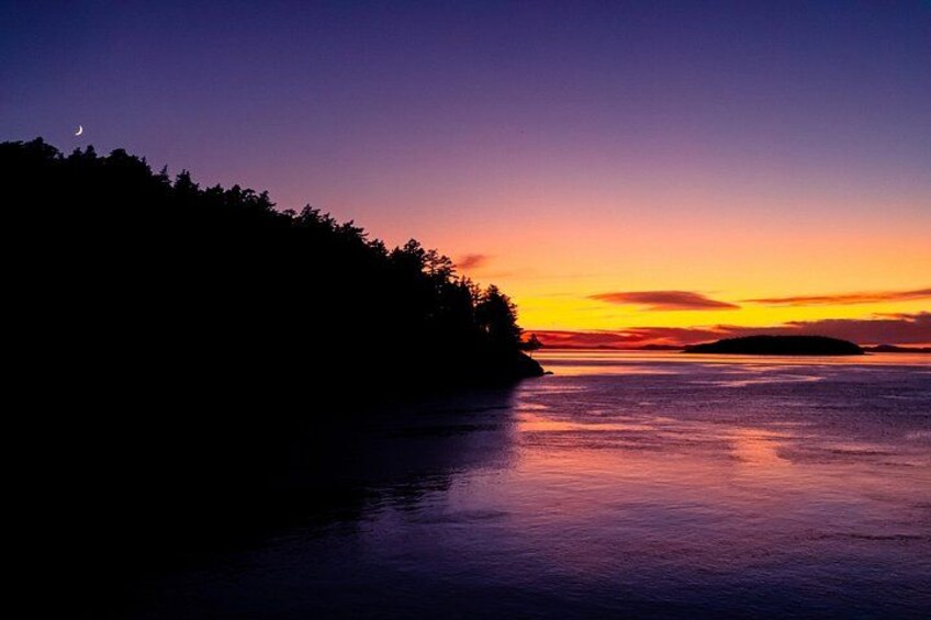 A sunset over a body of water with a forested coastline. 2