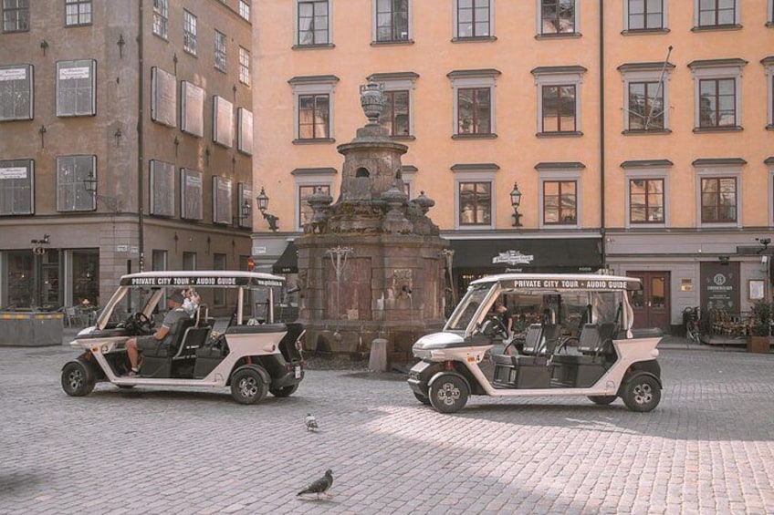 Two golf carts parked on a cobblestone street with a fountain in the background. 2