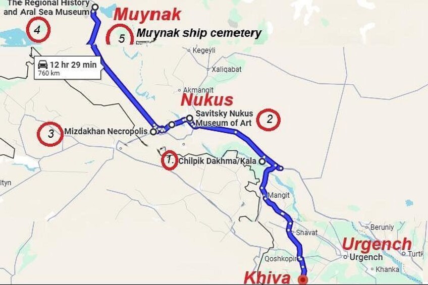 Un itinéraire de voyage comprenant des étapes à Mynyak, Nukus et Khiva, et incluant des sites emblématiques tels que le cimetière de navires de Mynyak et le musée d’art Savitsky de Nukus. 2