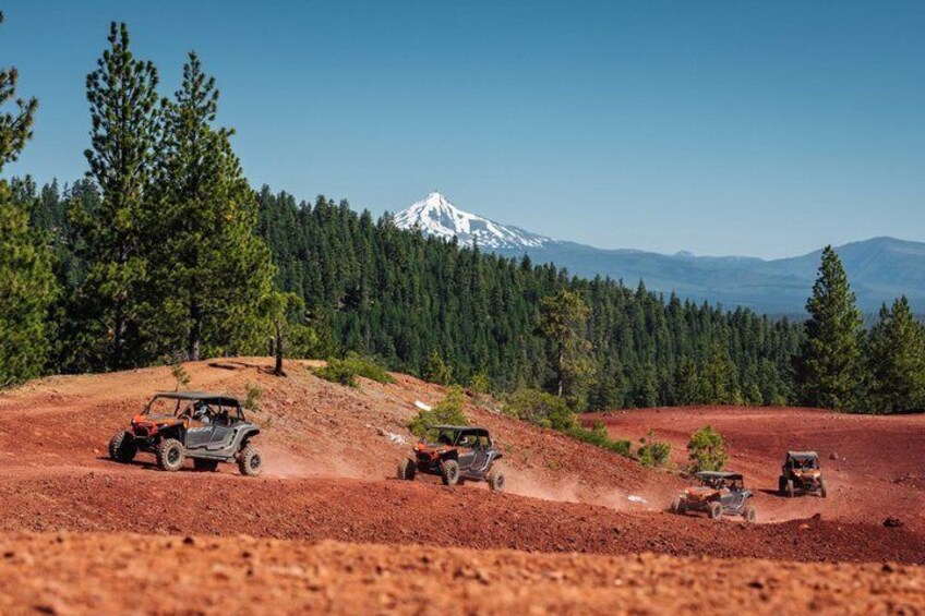 Off-road vehicles on a dirt path with a forest and a snow-capped mountain in the background. 1