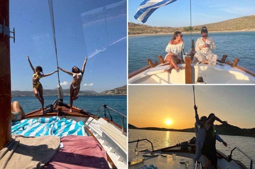 Een boot met twee personen op het dek, een zonsondergang op de achtergrond en een vlag. 3